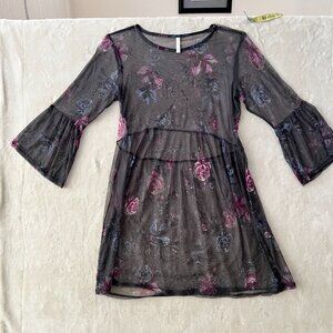 Xhiliration Sheer Mesh Mini Dress, Flounce Sleeves, Fairy Whimsy Goth, Size L